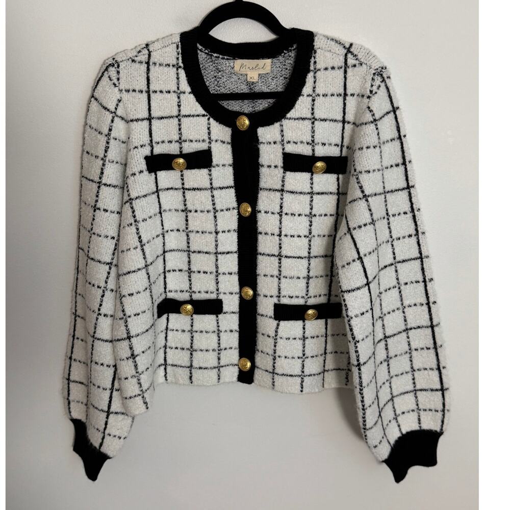 Marled Reunited Black & White Check knit cardigan size XL